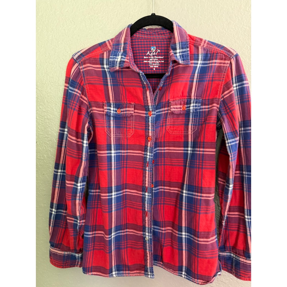 Kuhl Womens Red Blue Plaid Flannel SZ S Button Down Shirt Cotton Hiking Camping